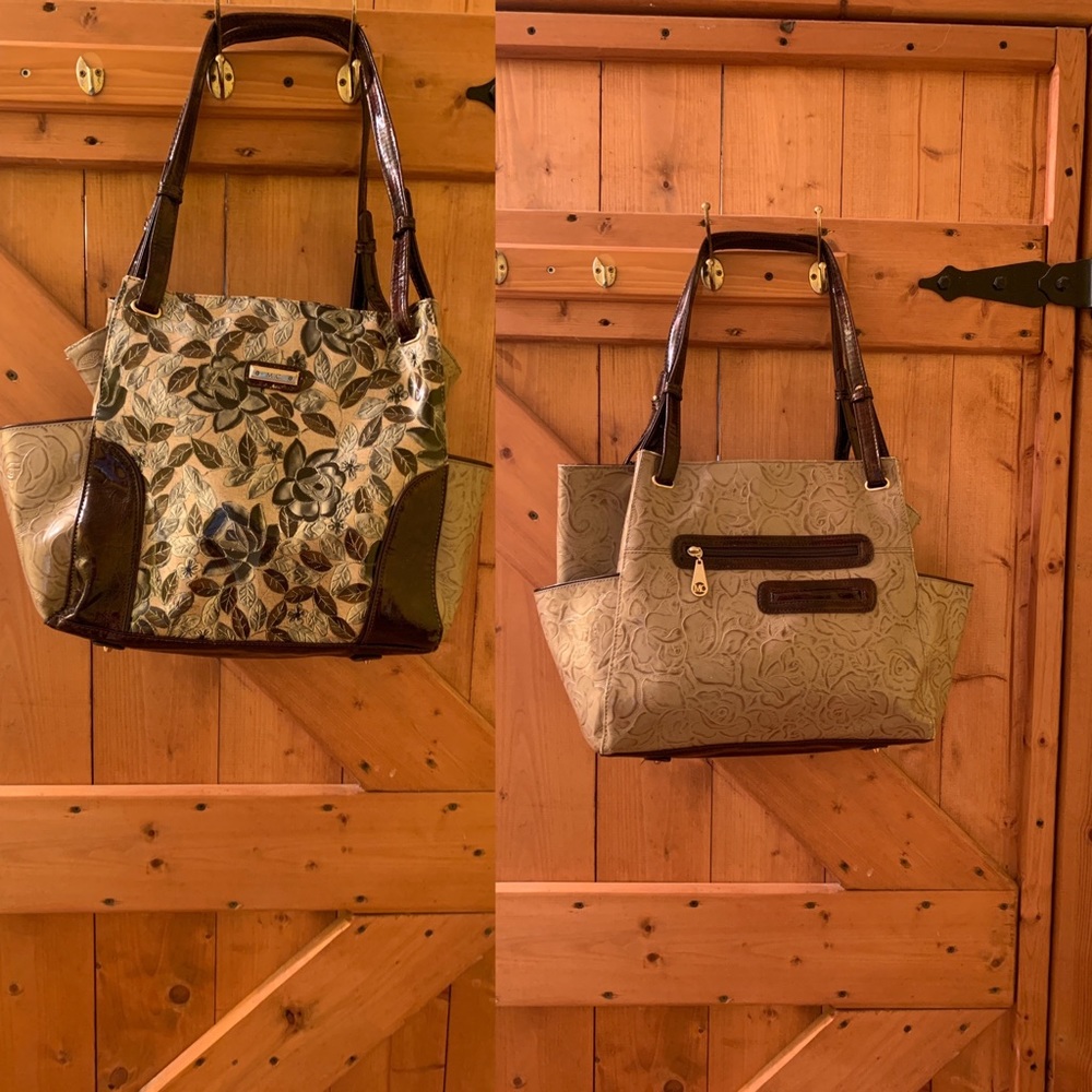 Women’s brown and tan floral tote bag.